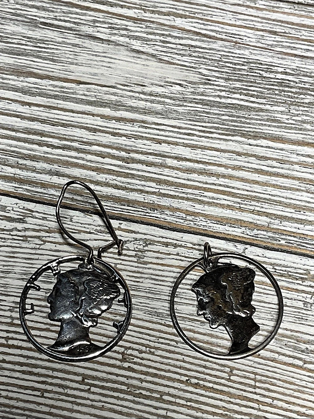 Vintage 1937 Silver Cut Coin Mecury Dime Winged Liberty Head Earrings